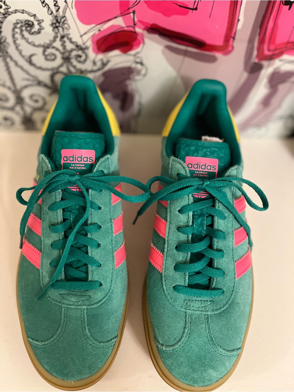 Adidas Gazelle Sneakers - Court Green, Lucid Pink & Pure Sulfur - Size 9.5